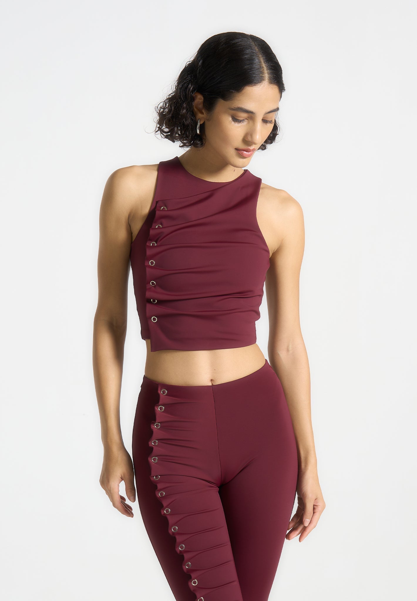 Eyelet Detail Tacked Racer Top - Wine Red