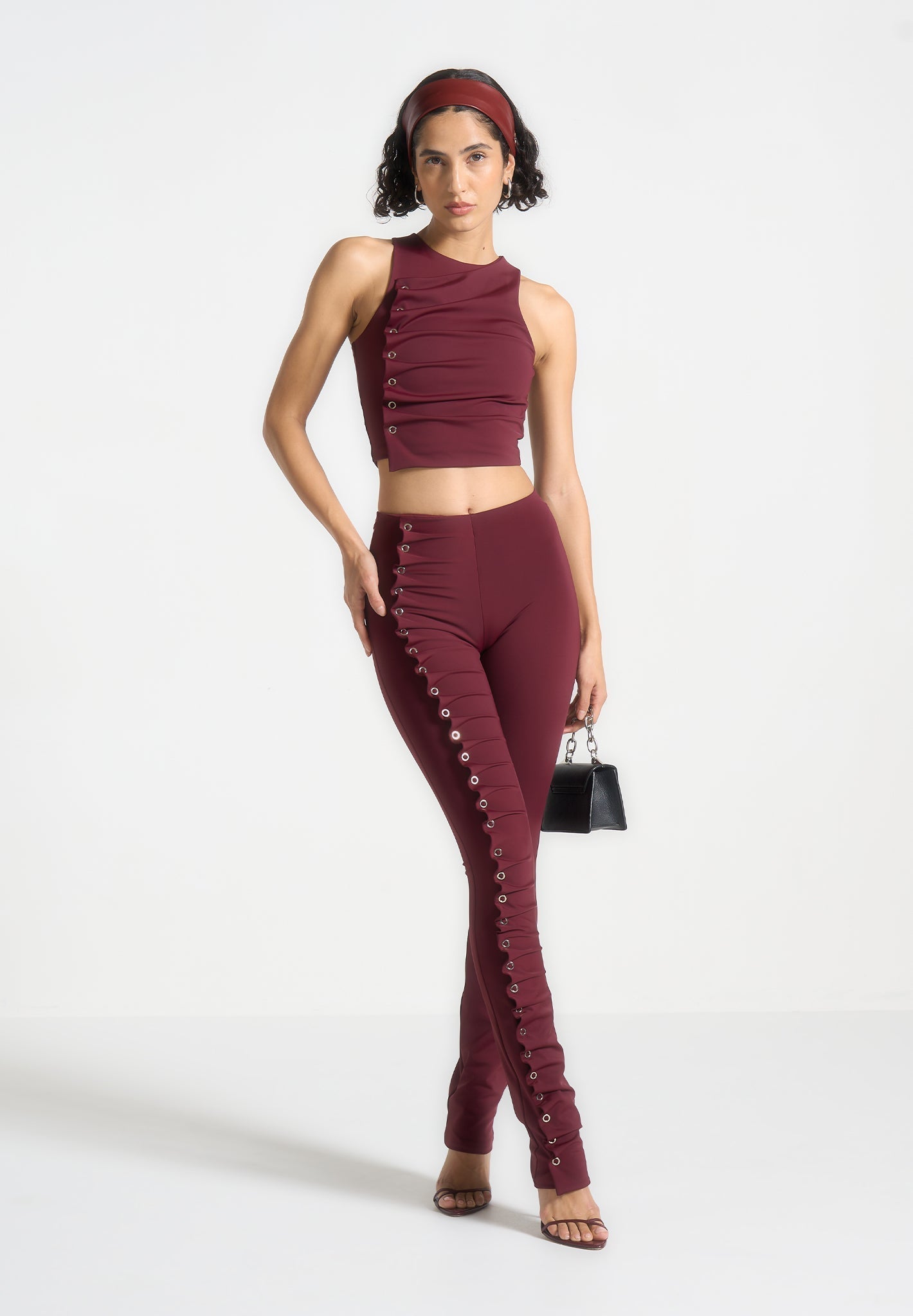 Eyelet Detail Tacked Racer Top - Wine Red