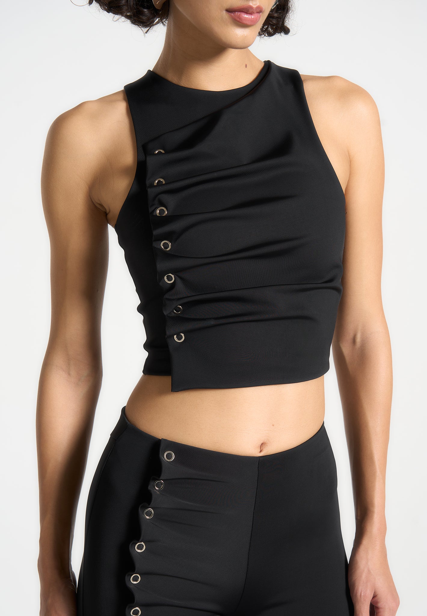 Eyelet Detail Tacked Racer Top - Black