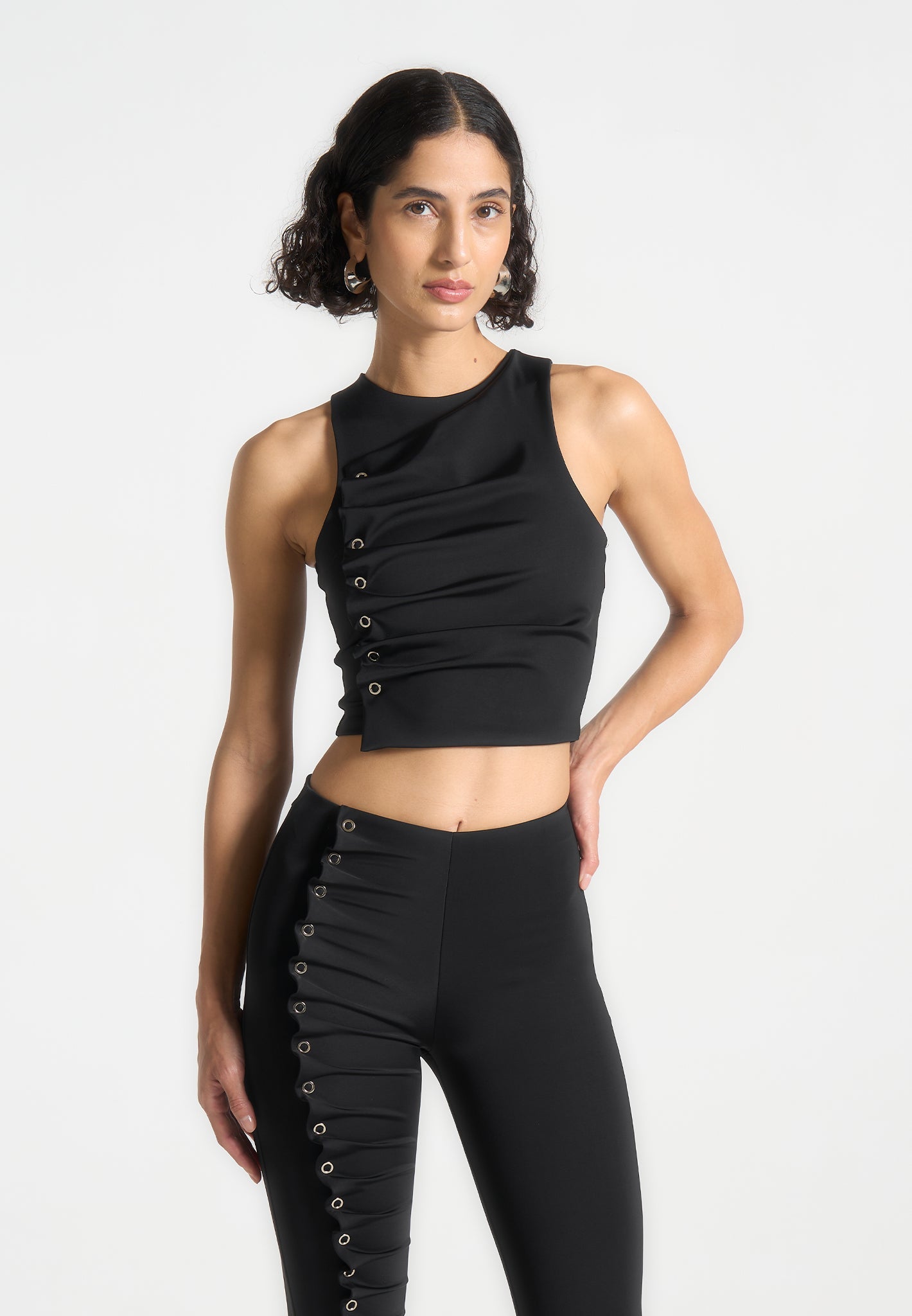 Eyelet Detail Tacked Racer Top - Black