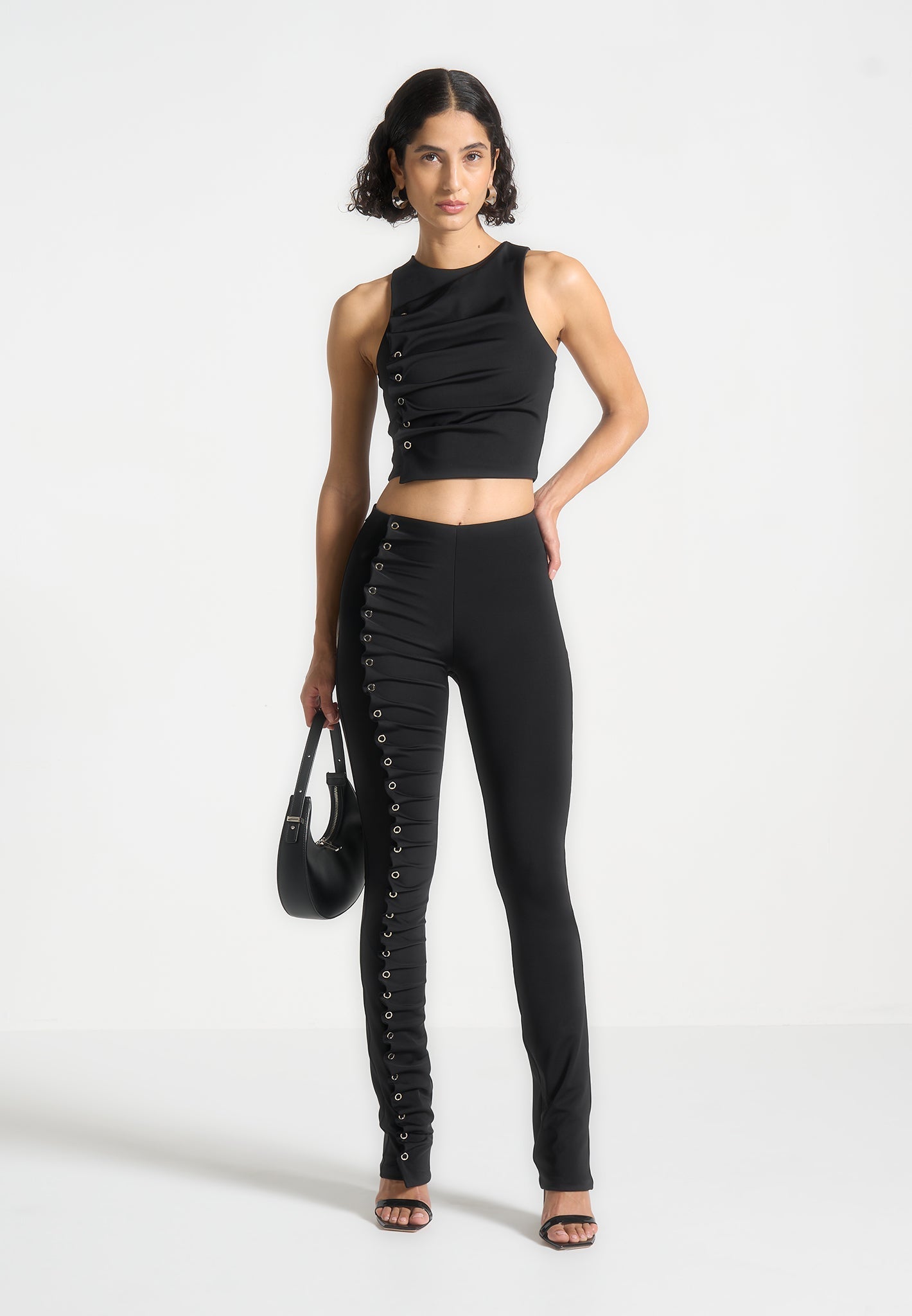 Eyelet Detail Tacked Racer Top - Black