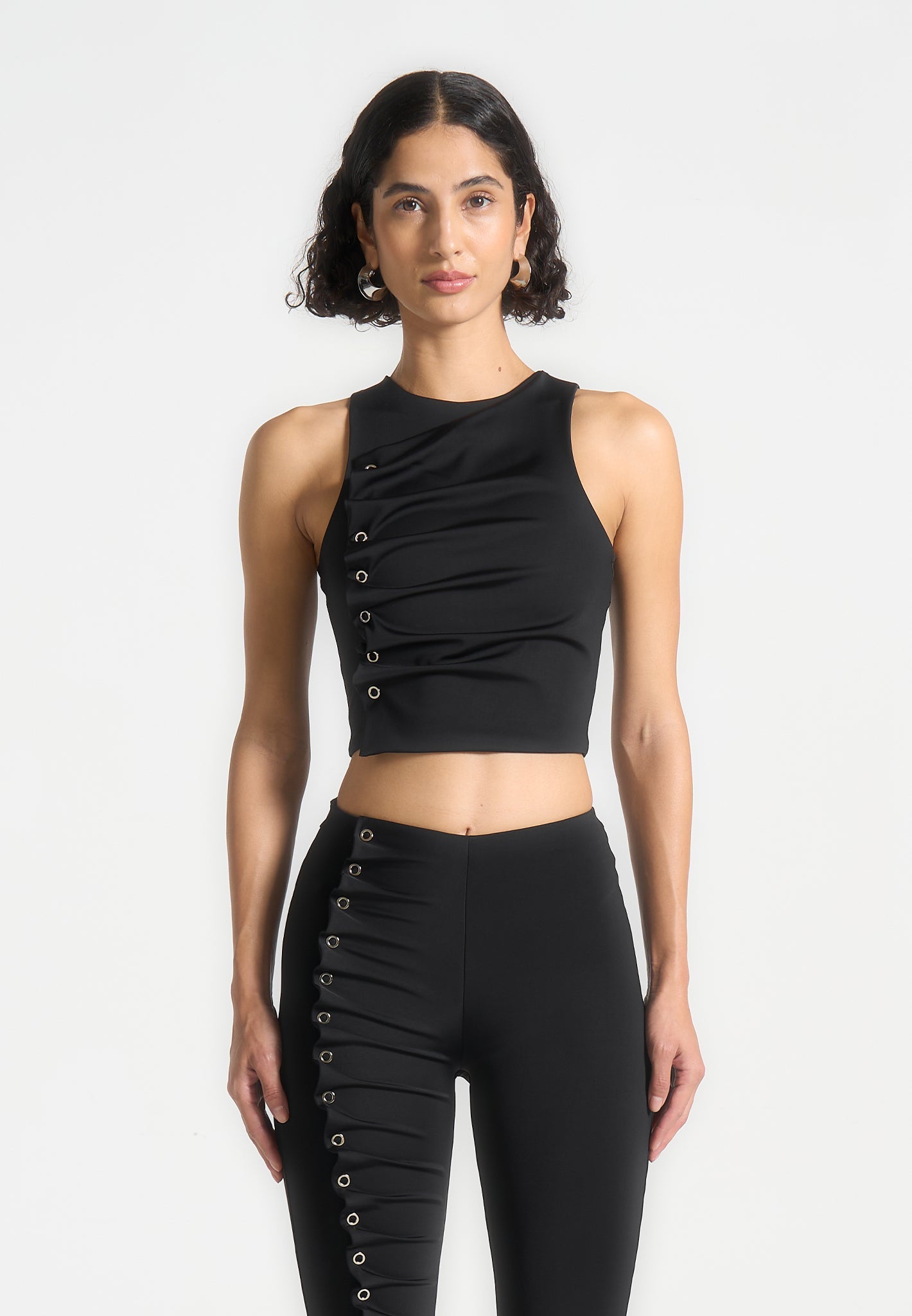 Eyelet Detail Tacked Racer Top - Black