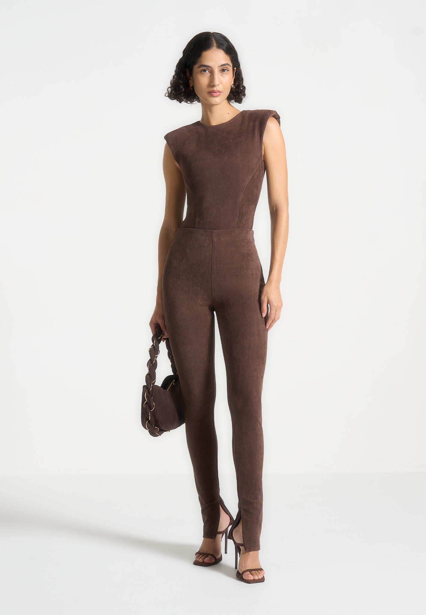 Wide Shoulder Suede Bodysuit - Brown