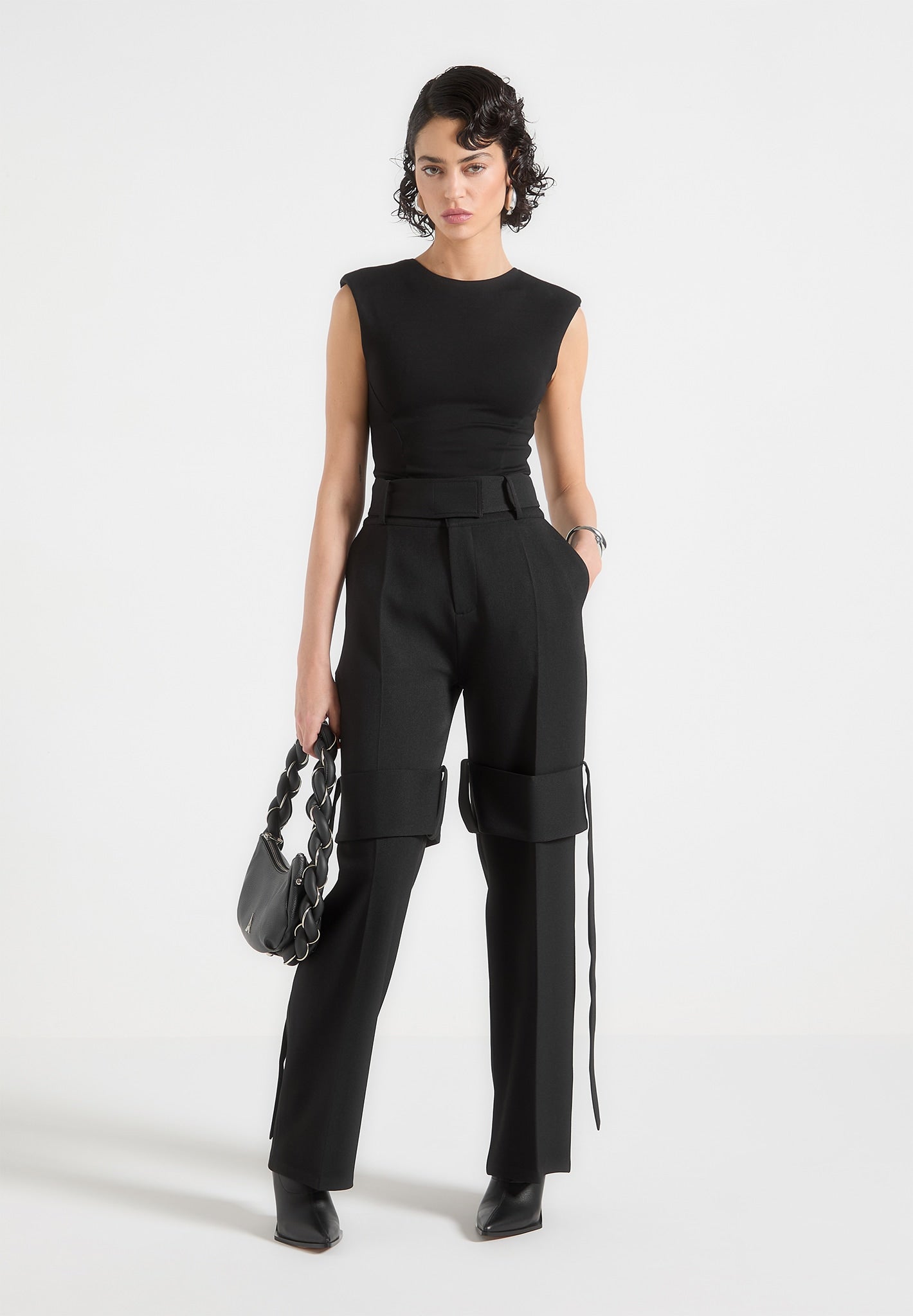 Tailored Belted Strap Detail Trousers - Black