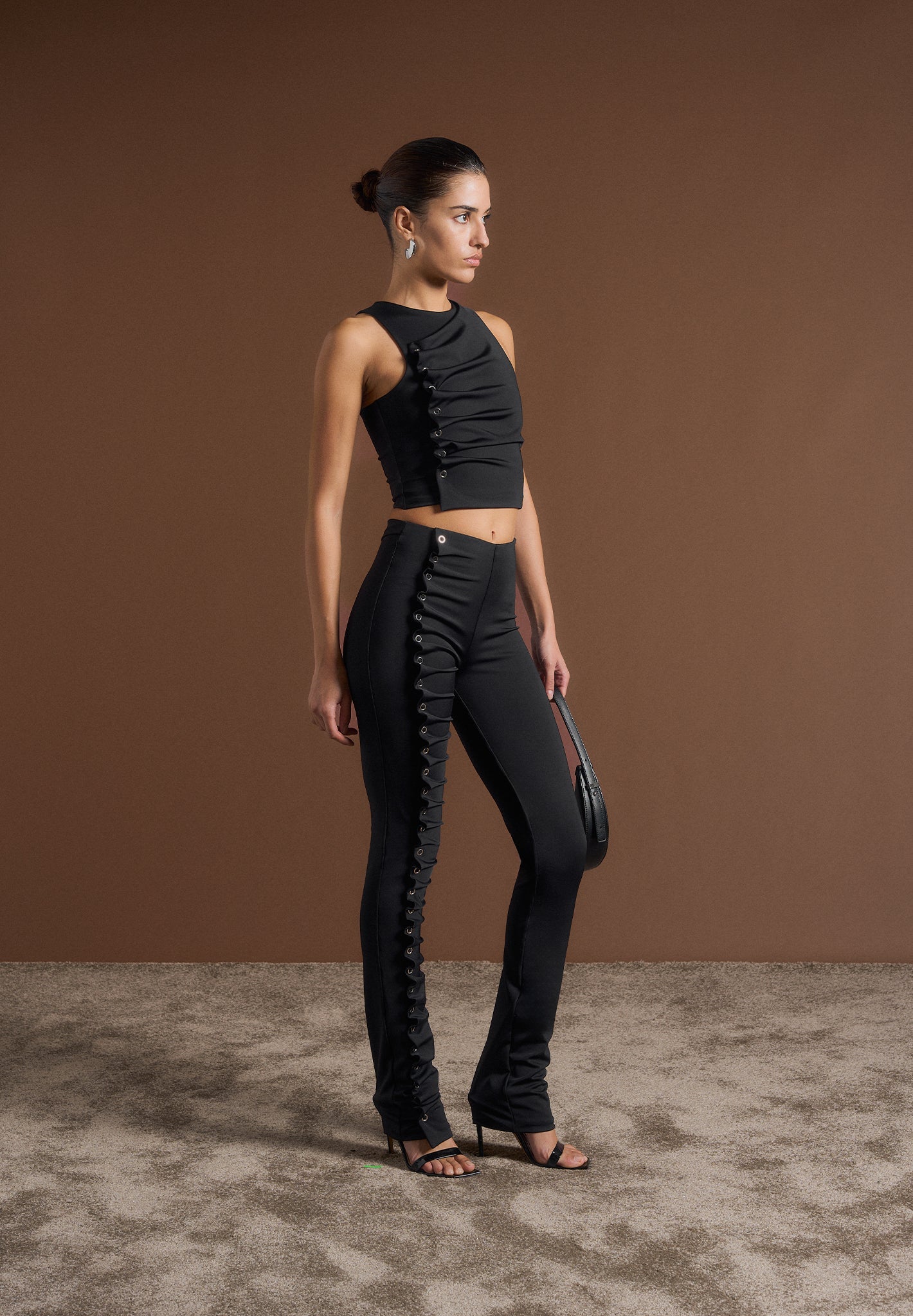 Eyelet Detail Tacked Racer Top - Black