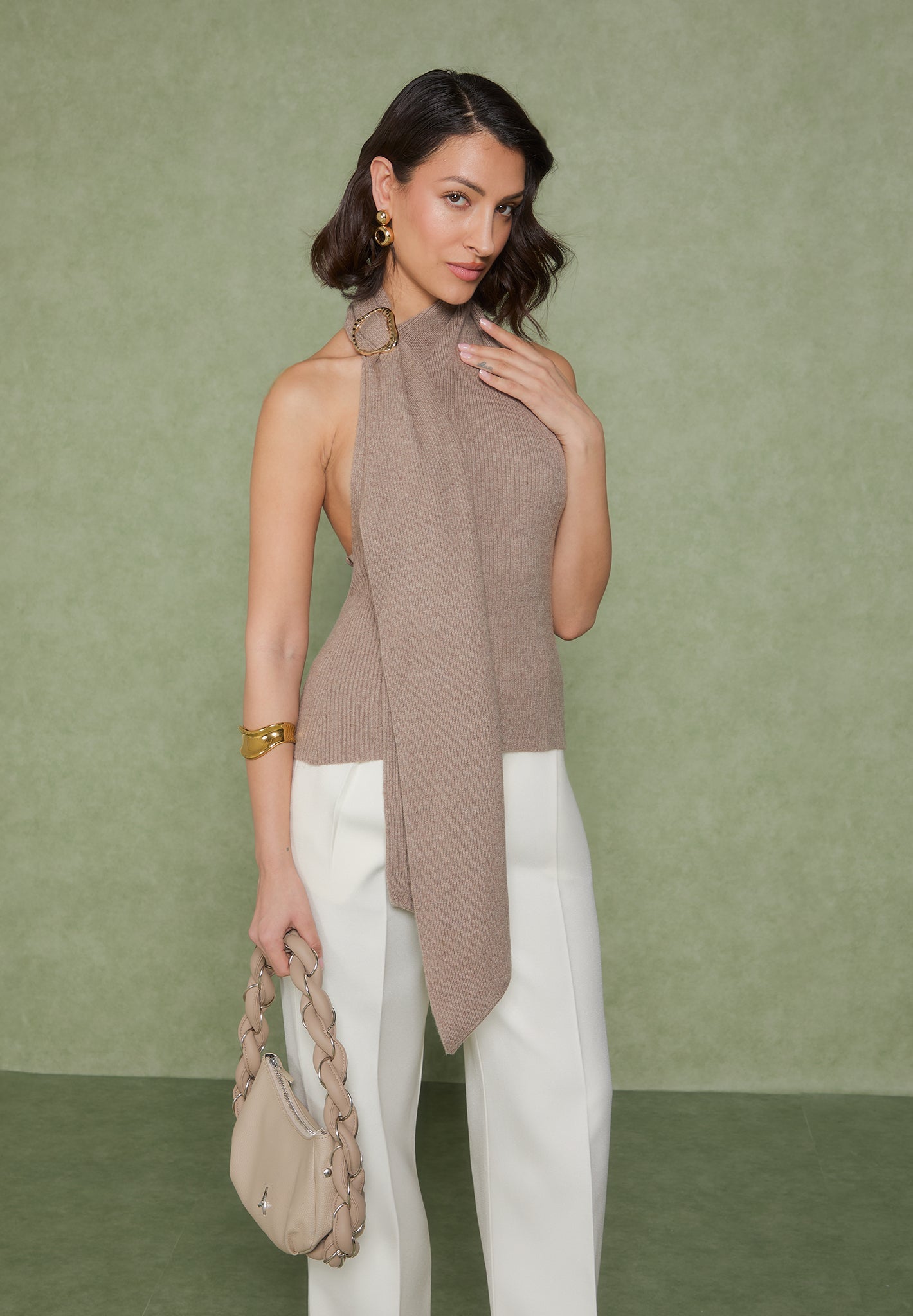 Knitted Draped Halterneck Top - Taupe