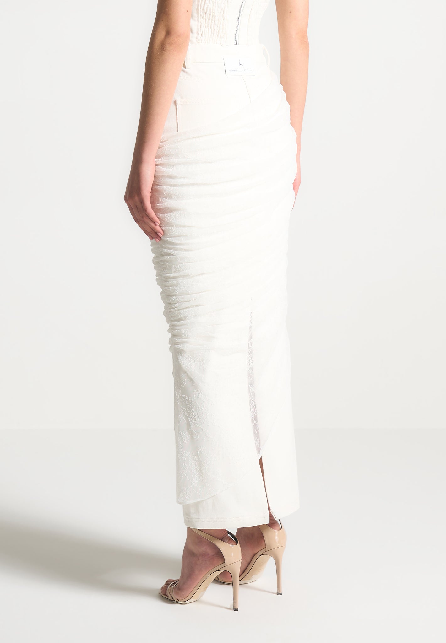 Draped Mesh Denim Maxi Skirt - Off White