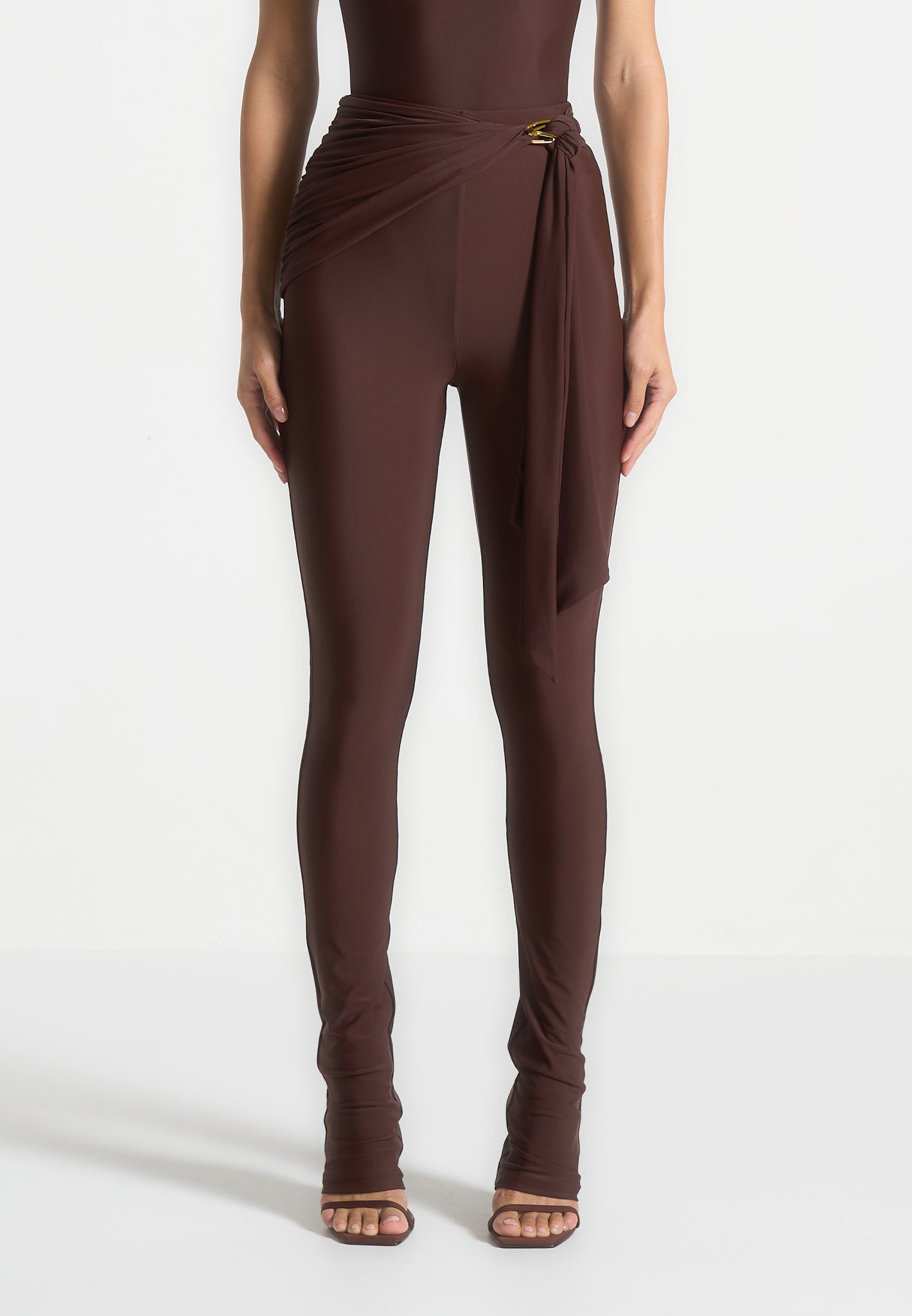 Draped Hardware Detail Leggings - Brown