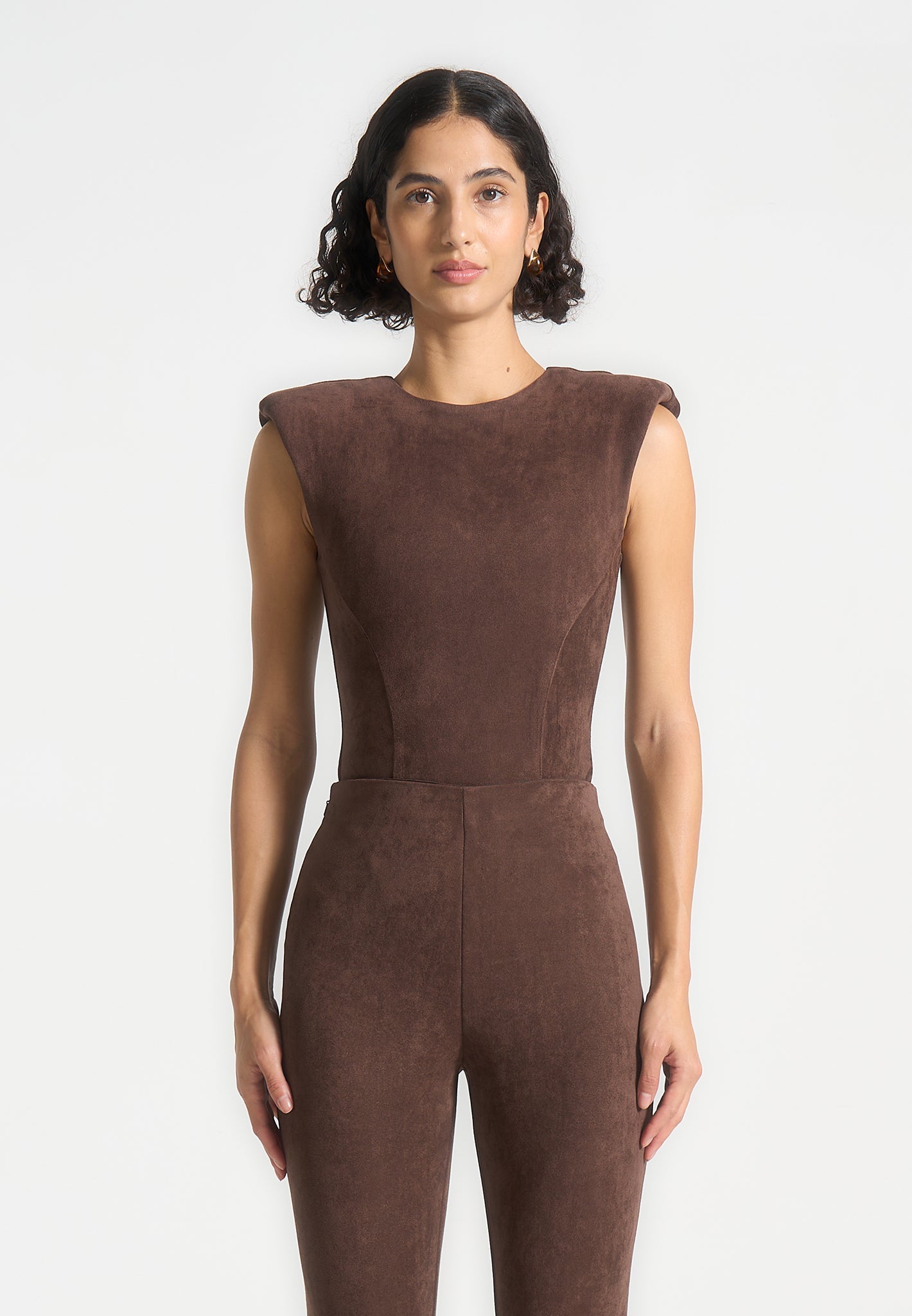 Wide Shoulder Suede Bodysuit - Brown