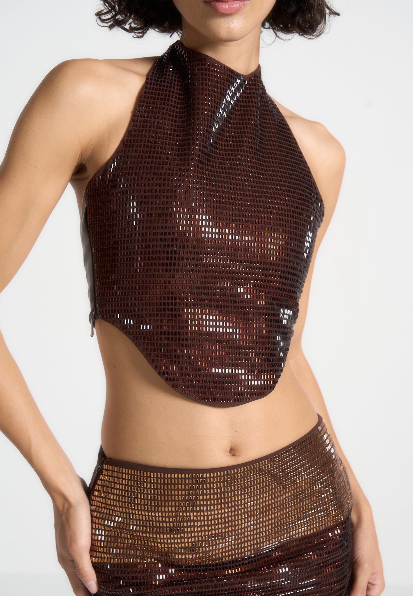 Rhinestone Ombre Halterneck Top - Brown/Gold