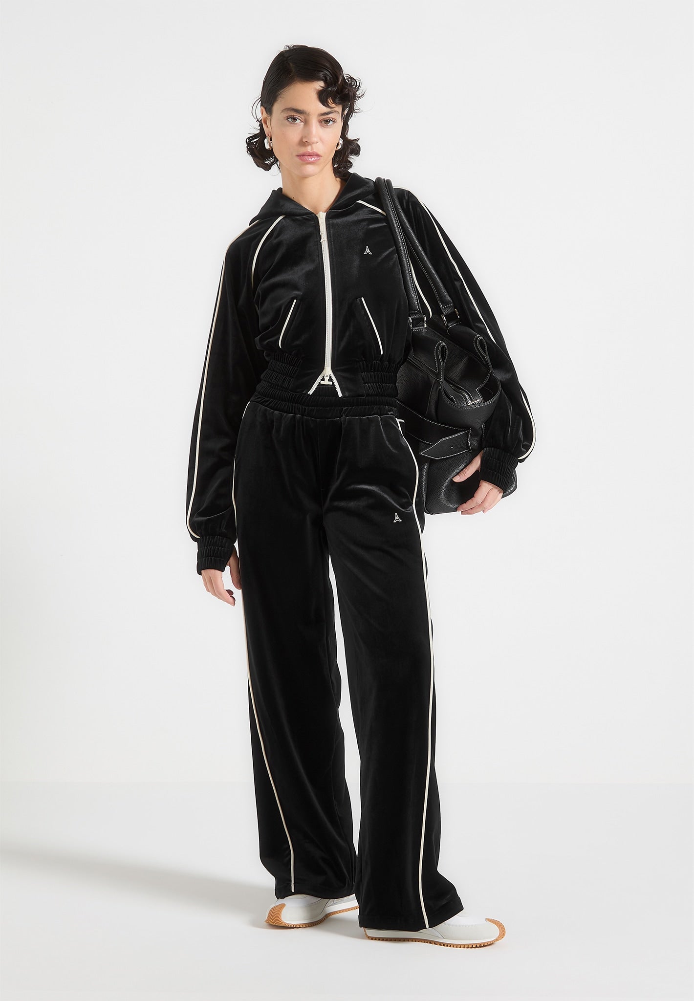 Eiffel Velour Zip Through Hoodie - Black