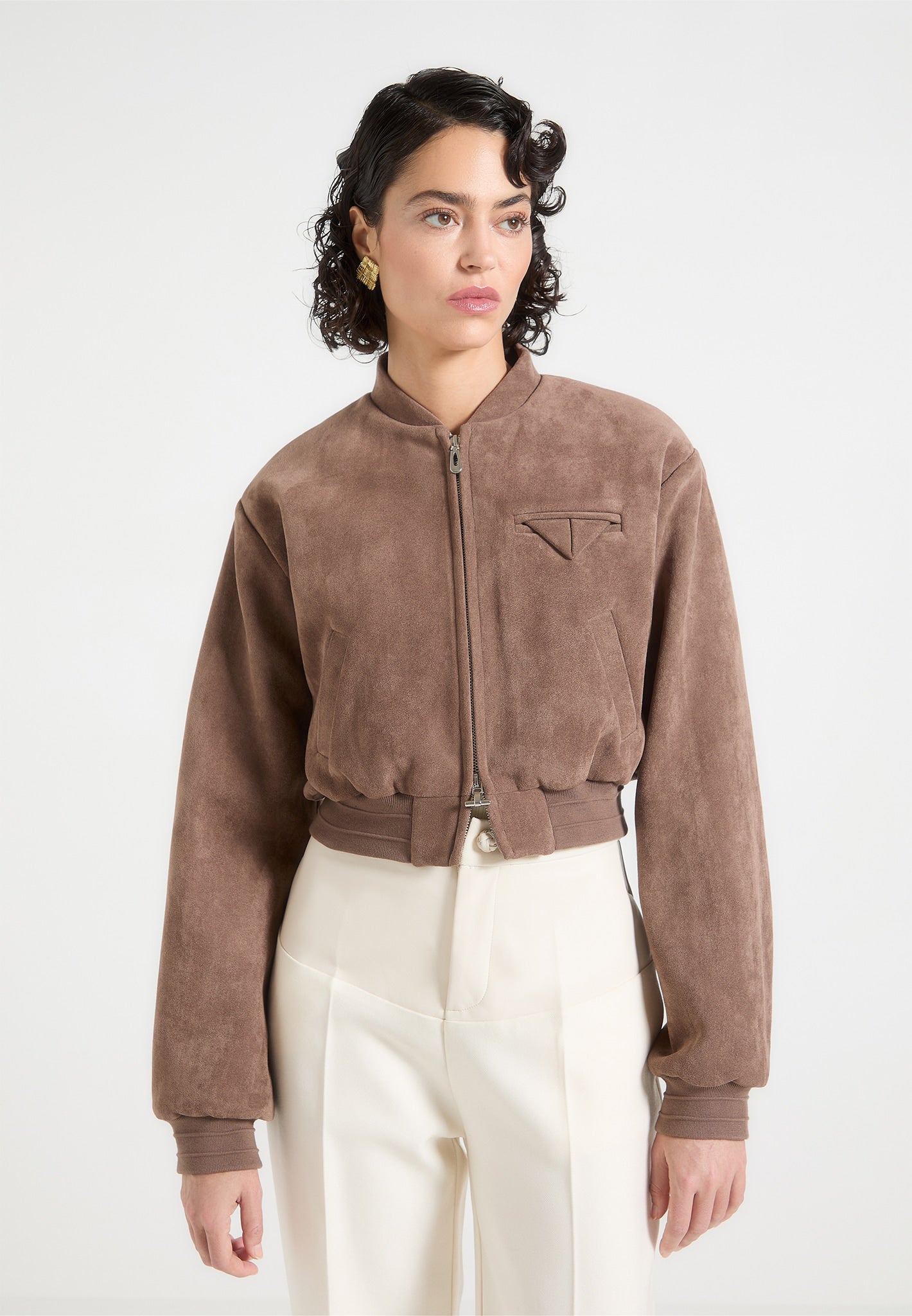 Suede Wide Shoulder Bomber Jacket - Taupe