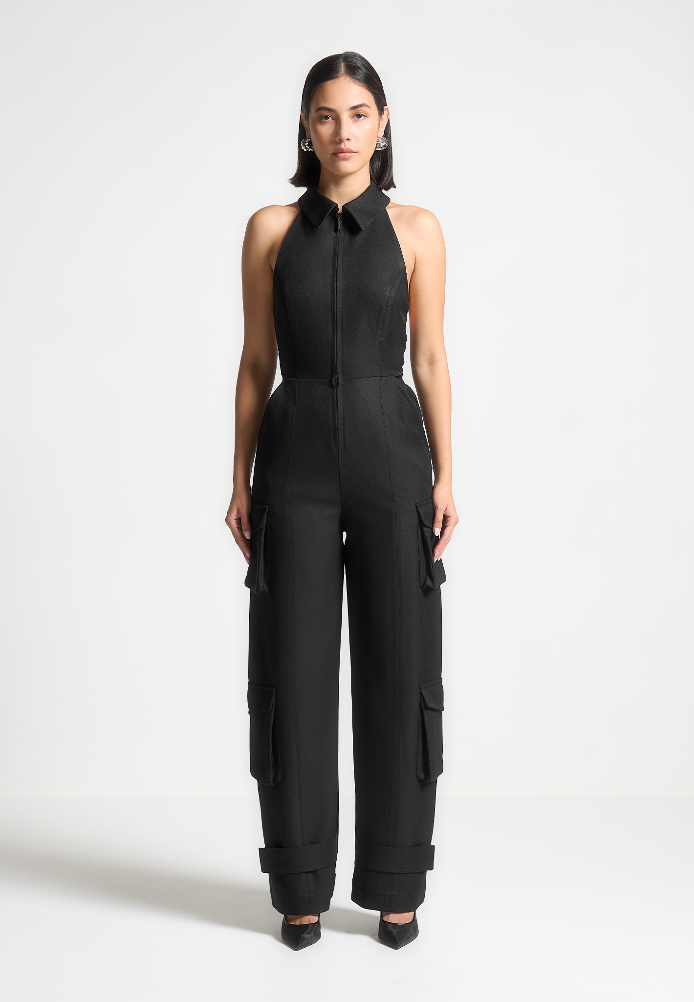 Tailored Halterneck Cargo Jumpsuit - Black